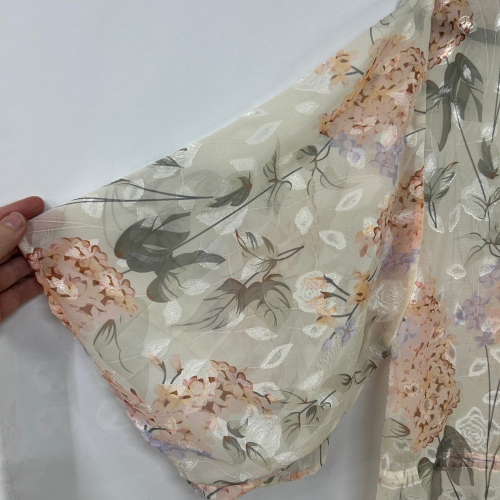 Floral Sheer Kimono Duster Cardigan M Romantic Boho Layering Open Front Longline - Picture 2 of 9